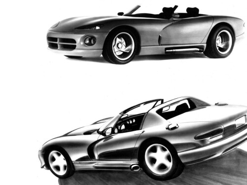 1989 Dodge Viper RT 10 Concept Car Art Work fv & rv BW (DaimlerChrysler Historical Collection)