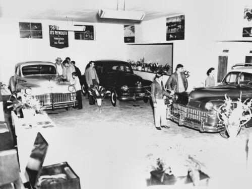 1947 Chrysler Plymouth Dealer Showroom BW (DaimlerChrysler Historical Collection)