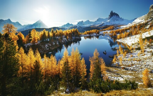 nature landscape mountains forest lake snow fall Dolomites mountains 100949